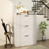 Narrow Shoe Storage Cabinet Farmhouse Shoe Cabinet with 3 Flip Drawers Adjustable Shelves for Entryway White Oak