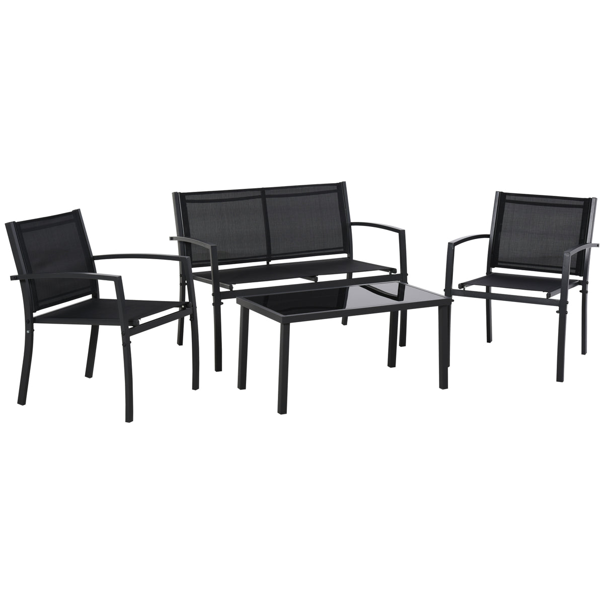 Ensemble de Mobilier de Patio 4 Pièces avec Table à Café Plateau Verre, Siège et Dossier Maille Respirante pour Jardin
