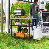 3-Shelf Outdoor Grill Dining Cart Pizza Oven Stand with Stainless Steel Top, Movable BBQ Food Prep Table Outdoor Kitchen Island with Hooks Wheels Handle