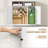 Bathroom Floor Cabinet, Freestanding Bathroom Storage Unit with 3 Doors, 2 Open Shelves and Adjustable Shelf