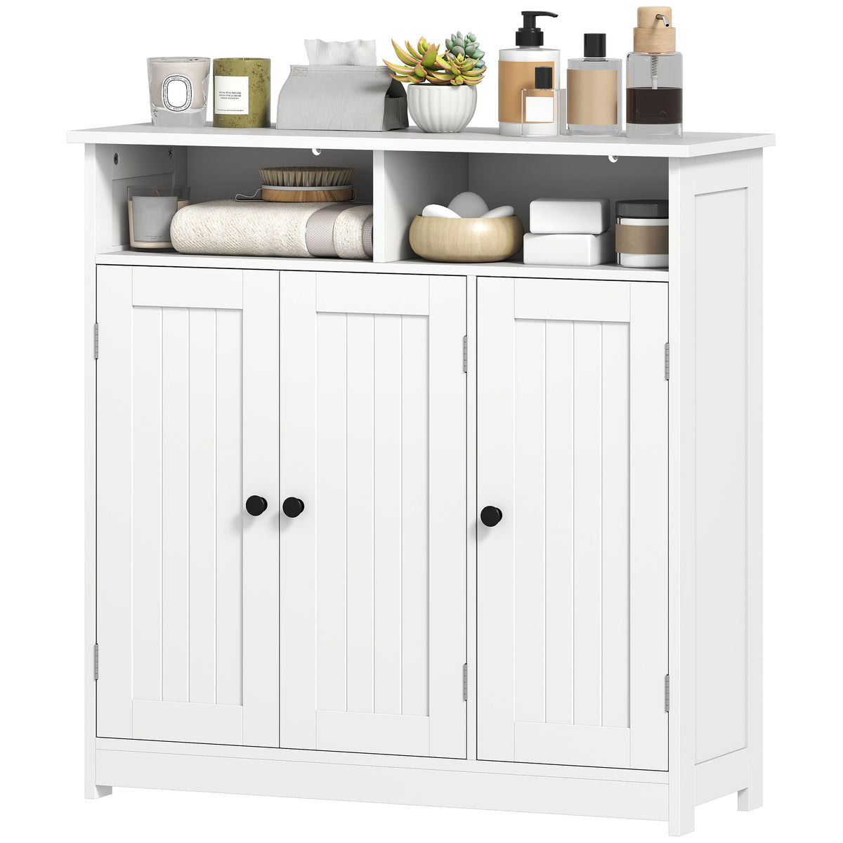 Bathroom Floor Cabinet, Freestanding Bathroom Storage Unit with 3 Doors, 2 Open Shelves and Adjustable Shelf