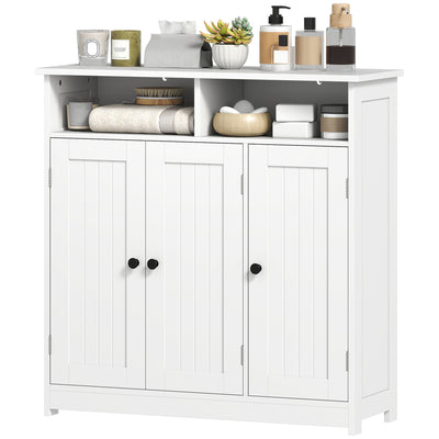 Bathroom Floor Cabinet, Freestanding Bathroom Storage Unit with 3 Doors, 2 Open Shelves and Adjustable Shelf
