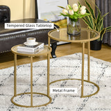 Lot de 2 tables basses gigognes à base métallique, table d'appoint ronde avec plateau en verre trempé pour salon