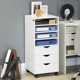 Meuble de rangement vertical, Caisson de classement mobile à roulettes avec 3 tiroirs et 4 étagères ouvertes, Support d'imprimante avec roulettes verrouillables pour bureau à domicile
