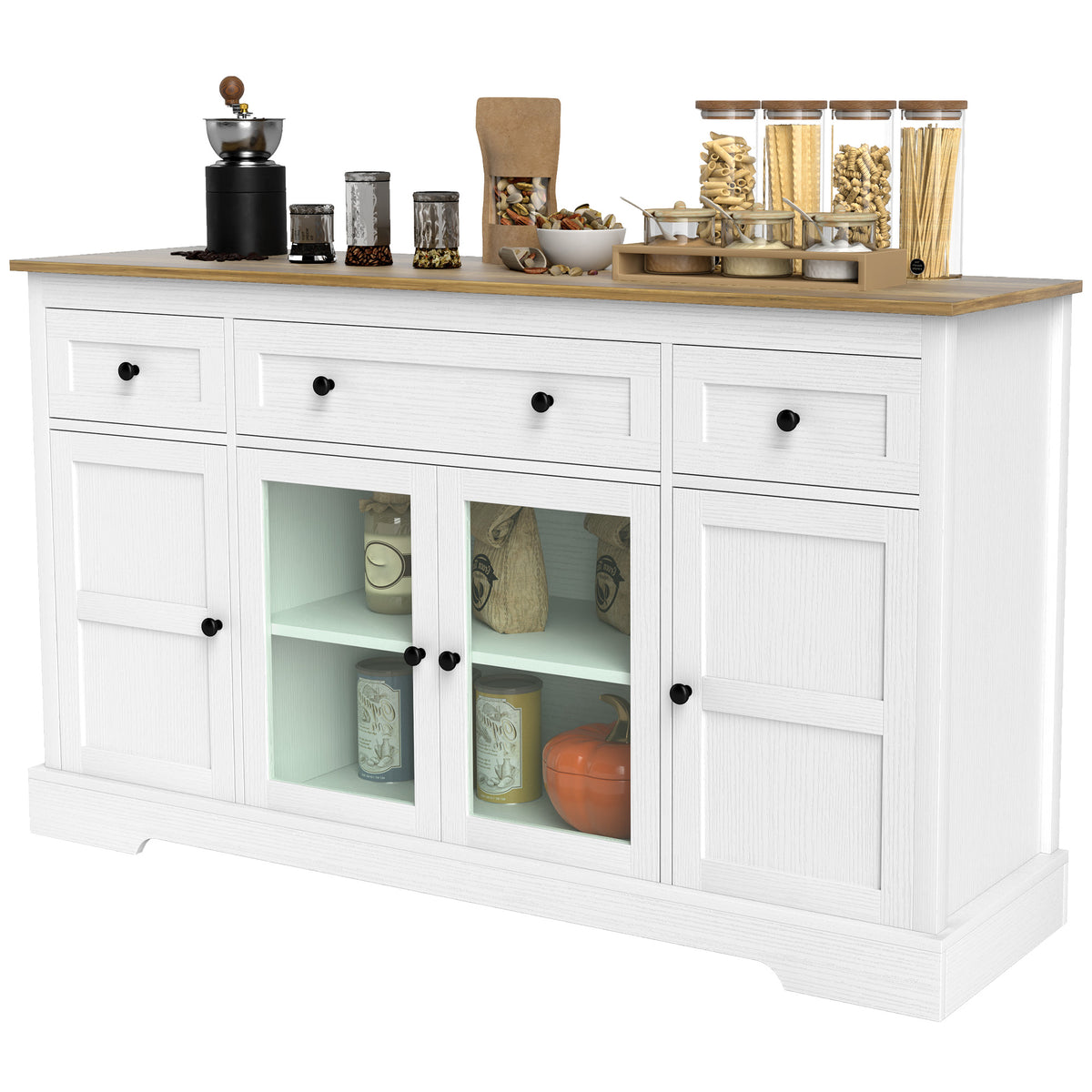 Buffet avec rangement, cabinet bar à café moderne avec portes vitrées et tablettes ajustables
