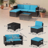 5 Piece Patio Furniture Set, L-Shape Wicker Outdoor Sectional with 3 Chairs, Glass Table