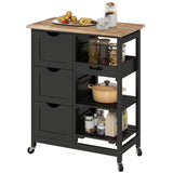 Chariot de cuisine à roulettes, desserte de cuisine mobile avec plateau en bois, 3 tiroirs et étagères pour la salle à manger