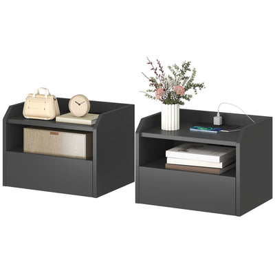 Wall Mounted Bedside Table, Set of 2 Floating Nightstand with Charging Station, Drawer and Open Shelf for Bedroom