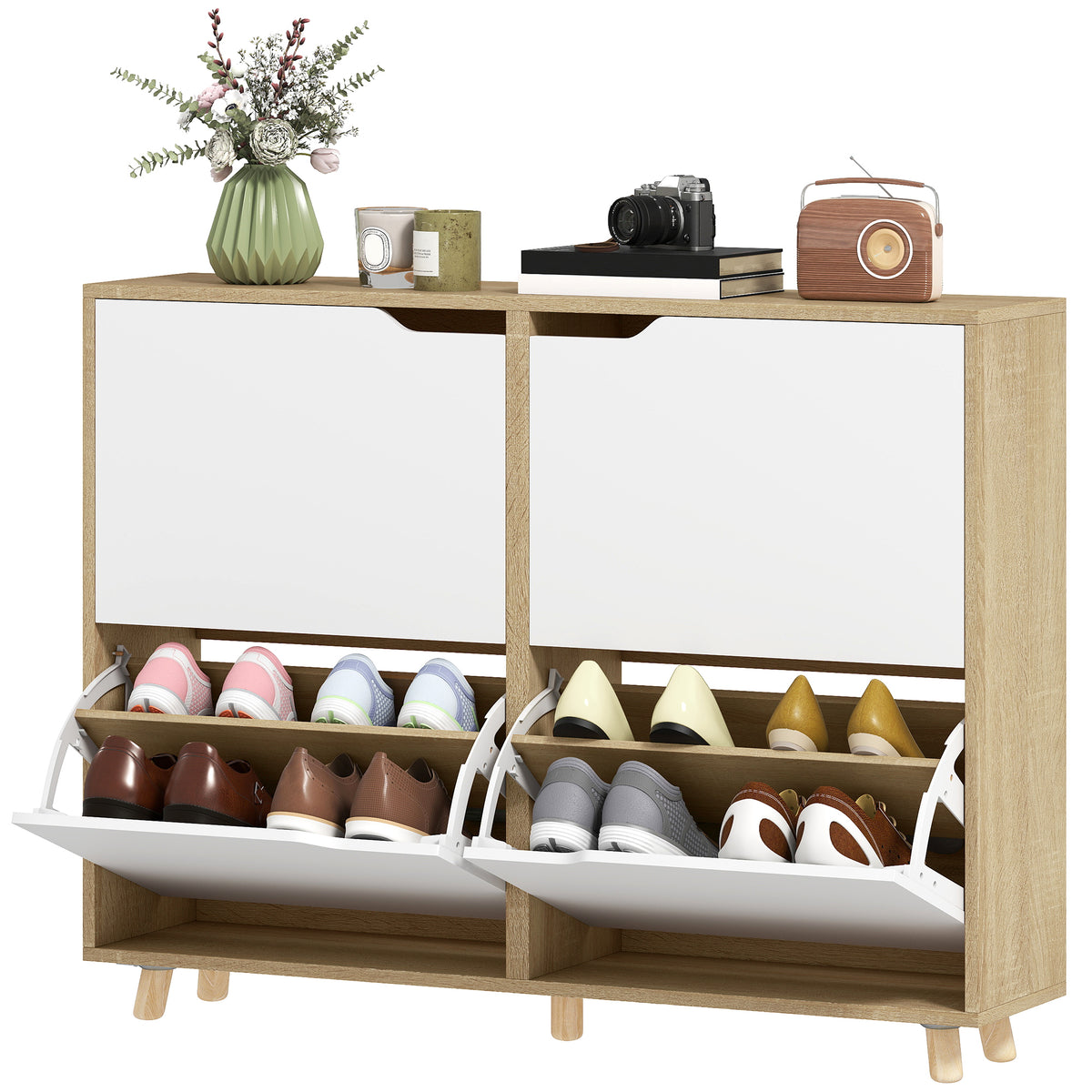 Narrow Shoe Cabinet, Shoe Storage Cabinet with 4 Flip Drawers and Adjustable Shelves for 16 Pairs of Shoes