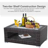 2-Tier Rattan Patio Coffee Table Wicker Patio Tea End Desk with Tempered Glass Top & Storage for Balcony