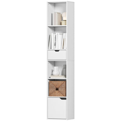6-Tier Bookcase, Tall Narrow Bookshelf with Drawer and Door