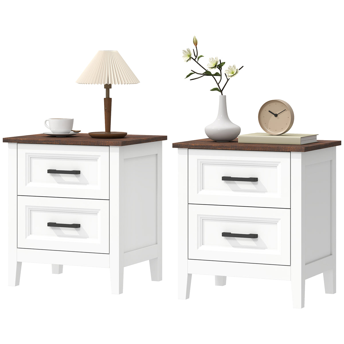 Ensemble table de nuit maison de campagne par 2, tables de chevet avec 2 tiroirs, plateau effet bois