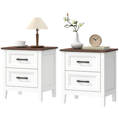 Farmhouse Nightstand Set of 2, Bedside Tables with 2 Drawers, Wood-Effect Top