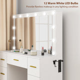 Makeup Vanity Desk with Mirror and Lights, Dressing Table with 7 Drawers, 6 Hidden Sliding Storage Compartments