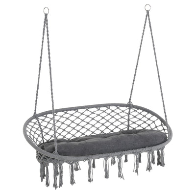 Patio Hammock Chair 2 Seat, Hanging Rope Hammock Swing Chair with Metal Frame and Cushion, Large Macrame Seat for Indoor and Outdoor 396 lbs Capacity