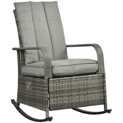 Outdoor Wicker Rocking Chair with Cushion, Patio PE Rattan Recliner Chair with Adjustable Footrest