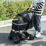 Foldable Cat Dog Travel Carriage, 4 Wheels Pet Stroller with EVA Wheel Brake, 3-stage Canopy, Mesh Window Door