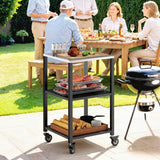 Outdoor Grill Cart, Pizza Oven Stand with Stainless Steel Top, 3-Tier Rolling Kitchen Prep Station with Wheels