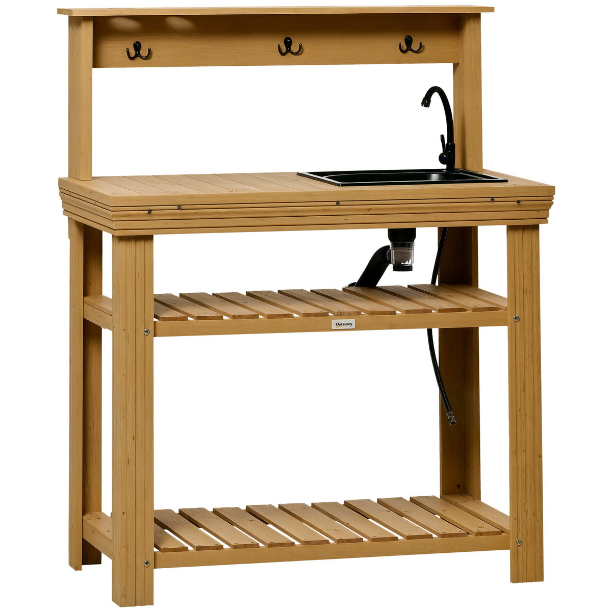 Outdoor Potting Bench Table with Faucet, Hooks and Storage Shelves, Wood Work Bench Workstation