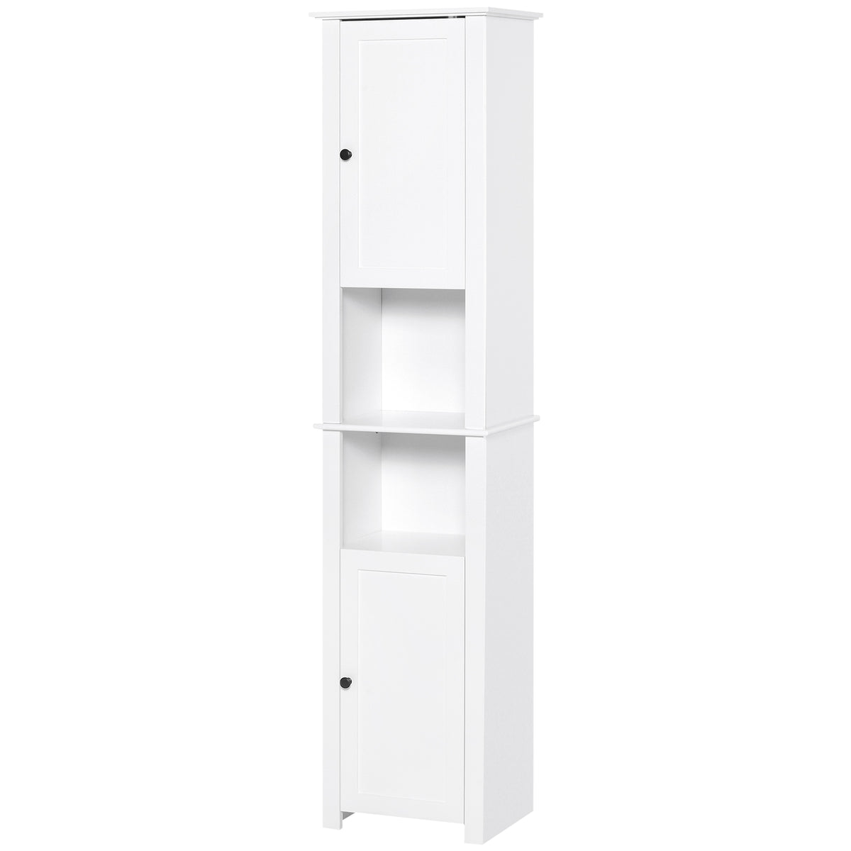 Armoire de salle de bain haute, meuble de rangement autonome avec étagères et 2 placards