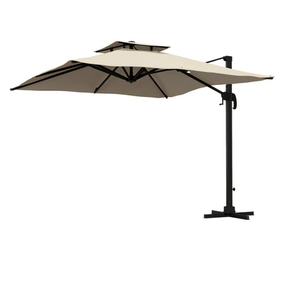 10ft Square Cantilever Patio Umbrella, 360° Rotating Overhanging Umbrella with Cross Base