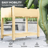 Raised Garden Bed, Wood Planter Box with Lockable Wheels, Side Tables, Bottom Shelf