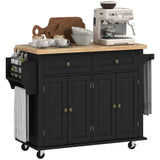 Kitchen Island with Storage, Rolling Trolley Cart with Rubber Wood Top, Spice Rack