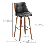 Lot de 2 tabourets de bar à hauteur de bar, tabourets de bar pivotants rembourrés en cuir PU avec pieds en bois massif, repose-pieds et dossier capitonné