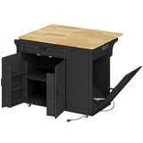 Kitchen Island Cart, Portable Kitchen Island Table with Charging Station, Rubber Wood Drop Leaf, Trash Storage
