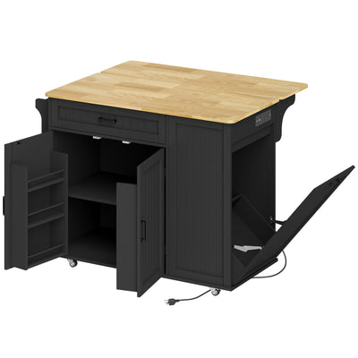 Kitchen Island Cart, Portable Kitchen Island Table with Charging Station, Rubber Wood Drop Leaf, Trash Storage