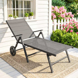 Outdoor Lounge Chair, 5-Level Adjustable Folding Chaise Chair with 2 Wheels for Backyard