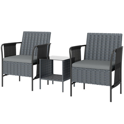 3 Piece Wicker Patio Furniture Set, Mesh Seat, 2 Tier Glass Table