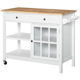 Kitchen Cart on Wheels, Utility Storage Island with Rubber Wood Top, Towel Rack, Cabinets, Drawers