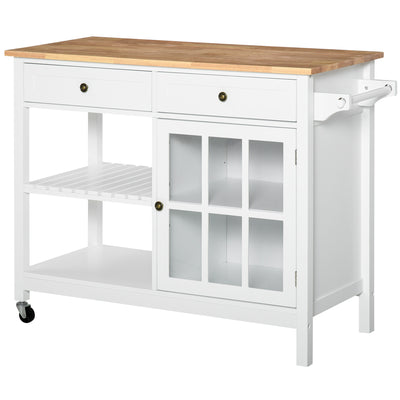 Kitchen Cart on Wheels, Utility Storage Island with Rubber Wood Top, Towel Rack, Cabinets, Drawers
