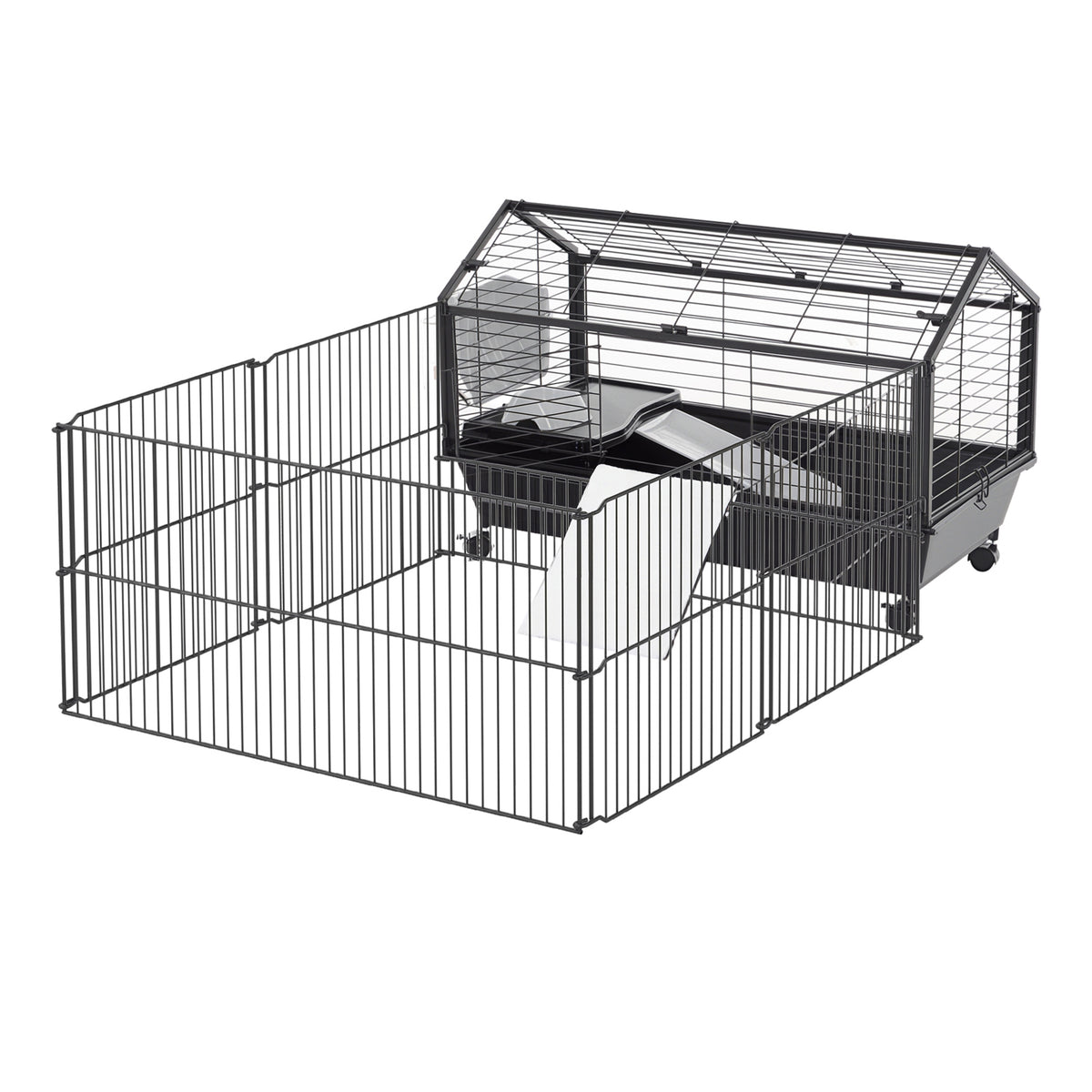 Guinea Pig Cage with Foldable Detachable Playpen, Rolling Rabbit Chinchilla Hedgehog Bunny Cage Small Animal Habitat with Water Bottle, 34.5