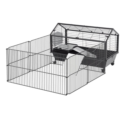 Guinea Pig Cage with Foldable Detachable Playpen, Rolling Rabbit Chinchilla Hedgehog Bunny Cage Small Animal Habitat with Water Bottle, 34.5