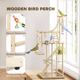 Bird Playground, 4 Layer Wooden Play Stand with Ladders, Stainless Steel Cups and Tray for Small Birds