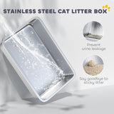Grand bac à litière pour chat en acier inoxydable avec parois hautes