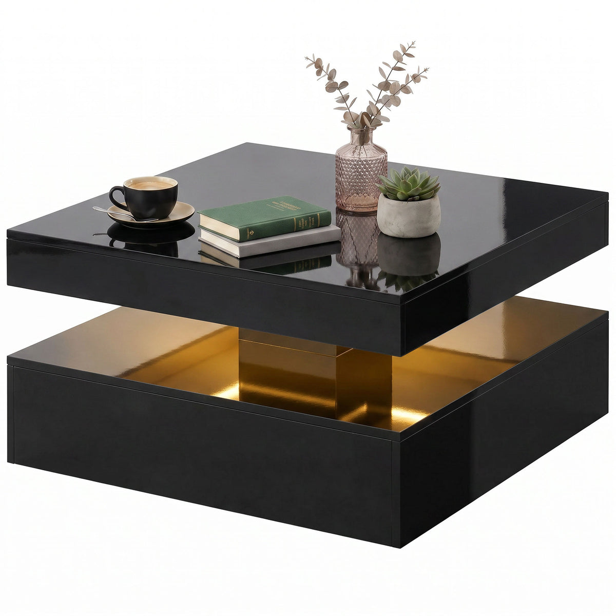 LED Coffee Table with Storage, 2-Tier Modern Center Table with Open Shelf and Remote for Living Room