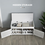 Entryway Bench with Cushion, Hidden Storage, Adjustable Shelves and Shutter Doors, 35.4