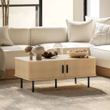 Coffee Table with Storage, Nordic Side Table with Fluted Tambour Sliding Doors and Steel Legs for Living Room