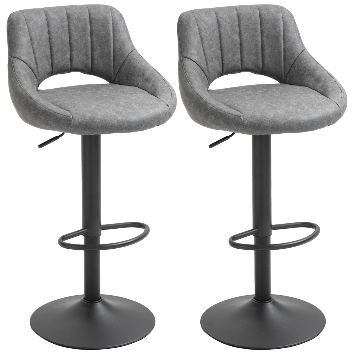 Bar Stools Set of 2, Swivel Counter Height Barstools with Adjustable Height and Cutout Back, Faux Leather Upholstered Bar Chairs with Round Metal Base and Footrest