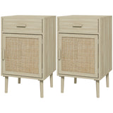 Boho Bedside Tables Set of 2, Nightstands with Drawer, Rattan Cabinet, Adjustable Shelf for Bedroom