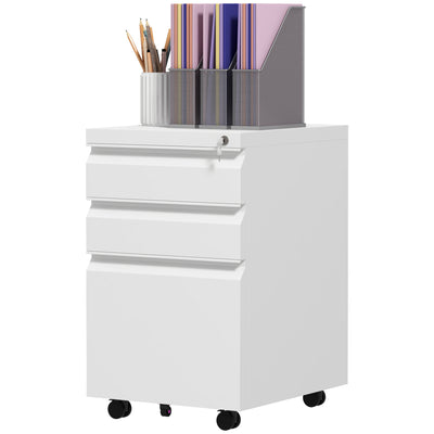 3 Drawer File Cabinet with Lock, Steel Vertical Filing Cabinet with 5 Wheels and Hanging Bar for A4/Legal/Letter, Home Office Printer Stand with Pre-Assembled Body