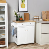 Rolling Kitchen Island with Storage, Kitchen Cart with Rubber Wood Top, Adjustable Shelf, Hooks and Storage Drawers