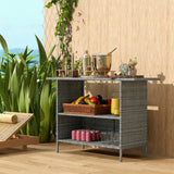 Wicker Outdoor Bar Table, PE Rattan Bar Height Patio Table with 2 Shelves, Steel Frame for Garden