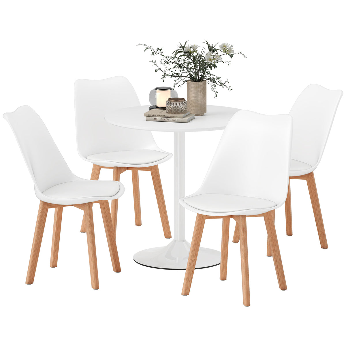 Round Dining Table Set for 4 with Pedestal Base, PU Padded Seats, for Small Space