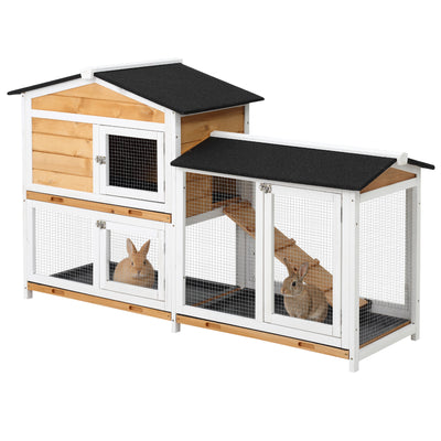 2-tier Wood Rabbit Hutch Backyard Bunny Cage Small Animal House w/ Ramp and Outdoor Run