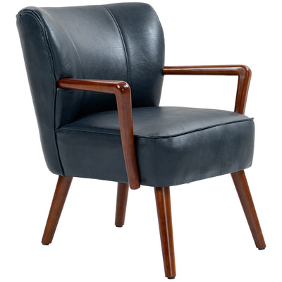 Fauteuil d'appoint, chaise de salon tapissée simili-cuir avec pieds de bois et siège rembourré large