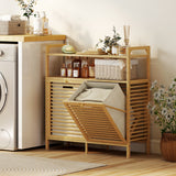 Tilt Out Laundry Hamper, Bamboo Laundry Cabinet with 2 Removable Baskets and 2-Tier Shelves for Laundry Room